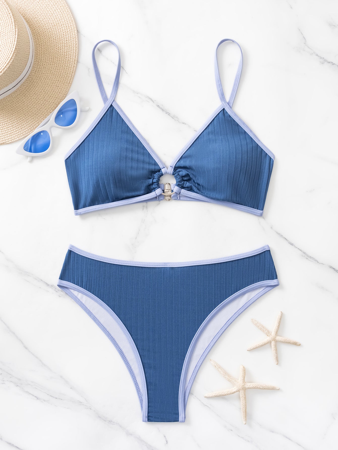 Blue Ribbed Bikini Set With Ring