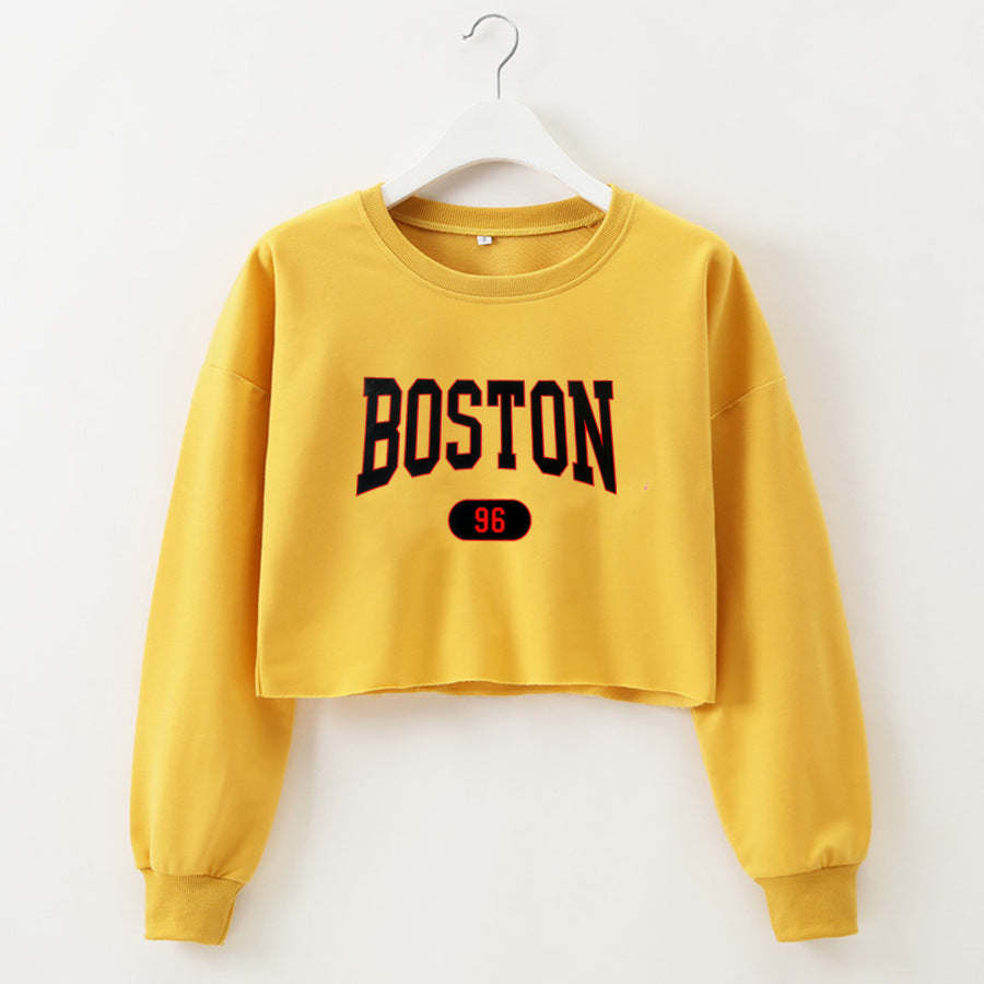 Boston Letter Printed Cropped Pullover