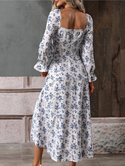 Long Sleeve Floral Printed Dress With Split