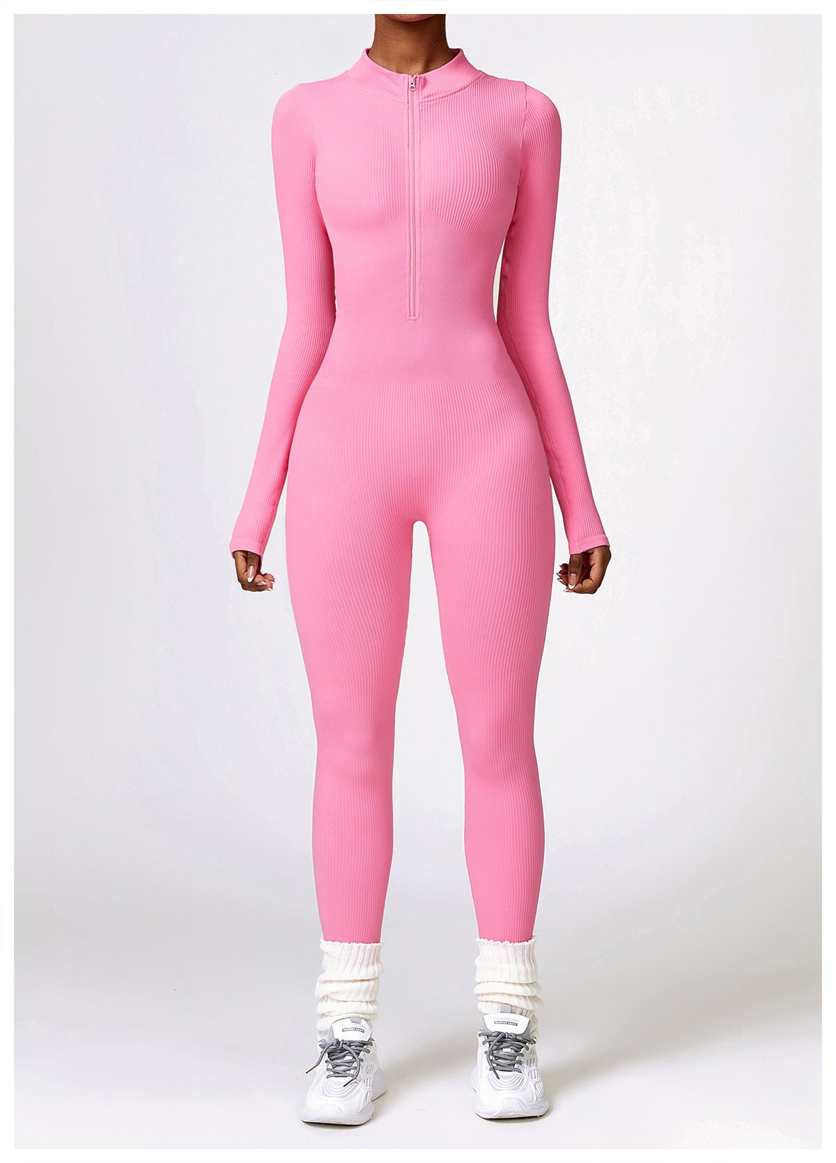 Ribbed Long Sleeve Slim Fit Jumpsuit With Zipper