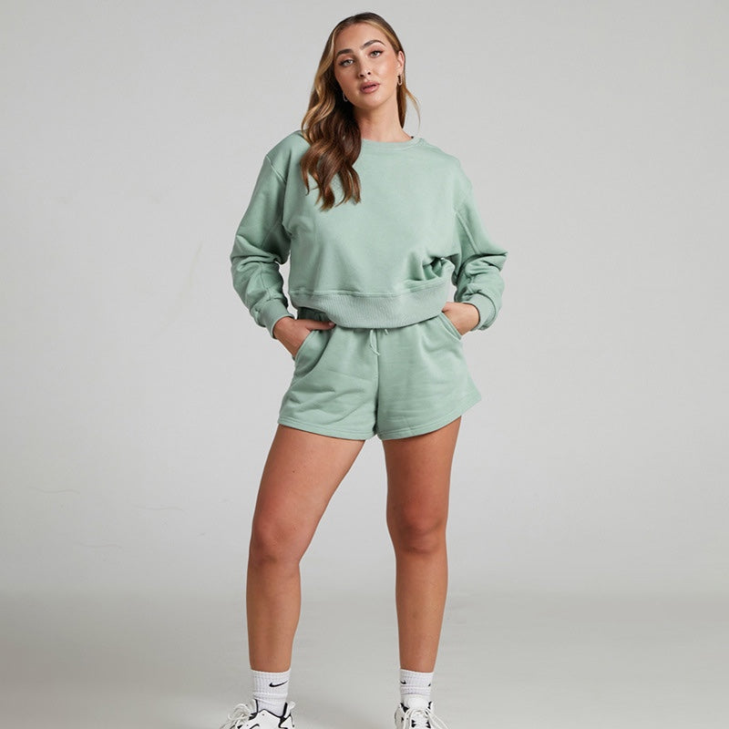 Long Sleeve Cropped Top & Shorts With Drawstring