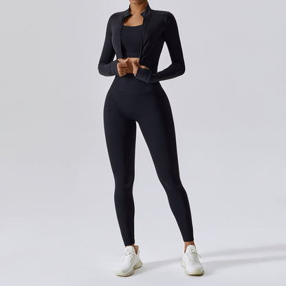 Three Piece Fitness Set With Top, Jacket, & Shorts or Leggings