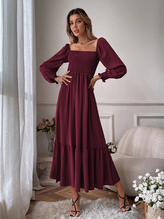 Long Elegant Casual Dress With Puff Sleeves