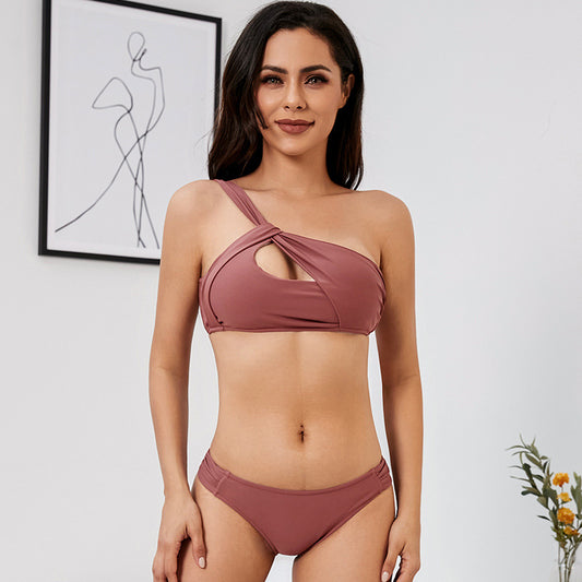 One Shoulder Cutout Top With Tie & Low Rise Bikini Bottoms