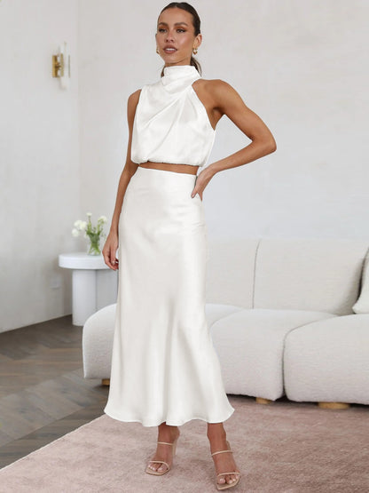 Satin Elegant Set With Long High Waisted Skirt & Sleeveless Top