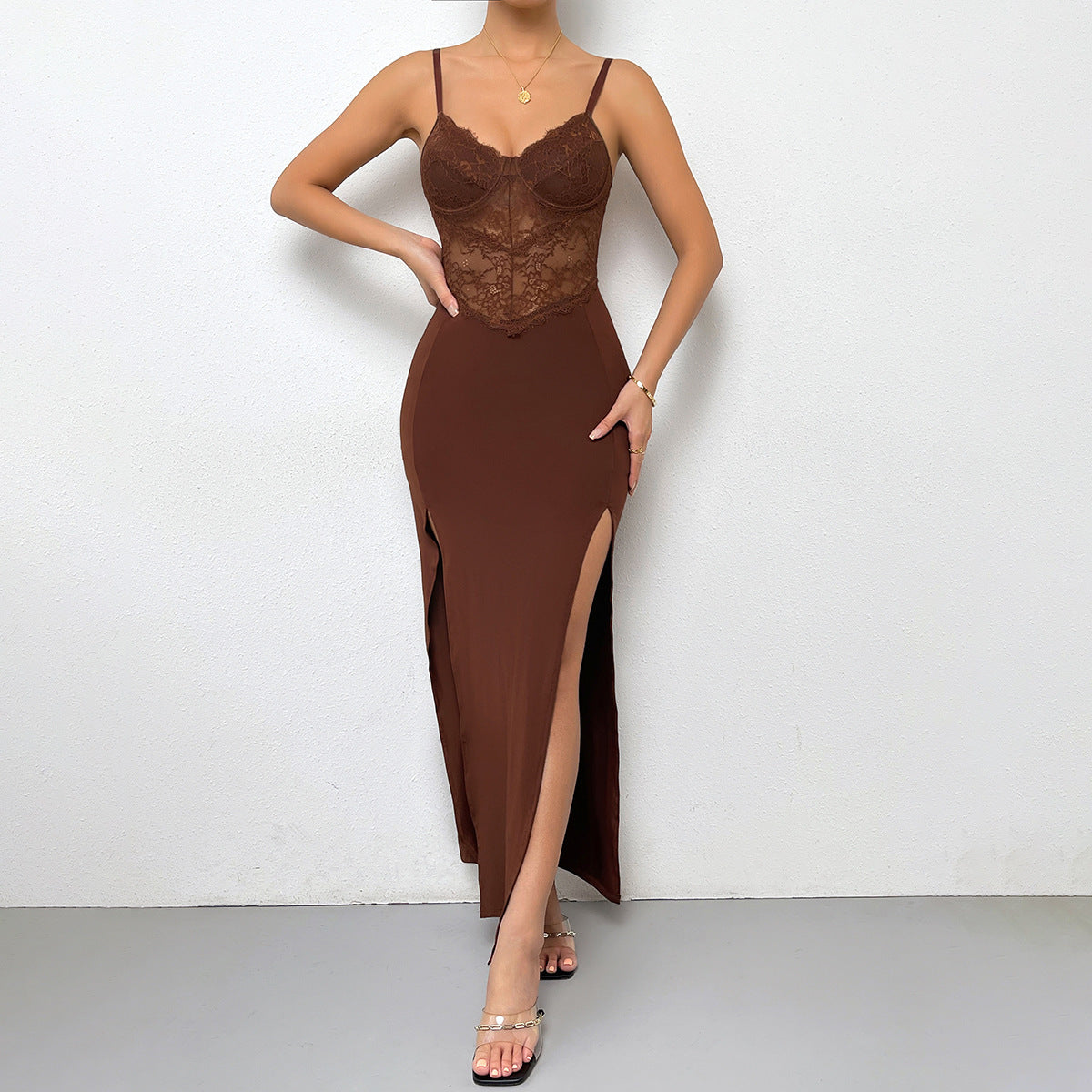 Slim Fit Dress With Splits & Lace Detailing