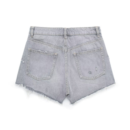 Grey Distressed High Waisted Denim Shorts