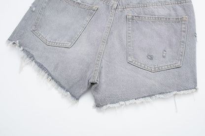 Grey Distressed High Waisted Denim Shorts