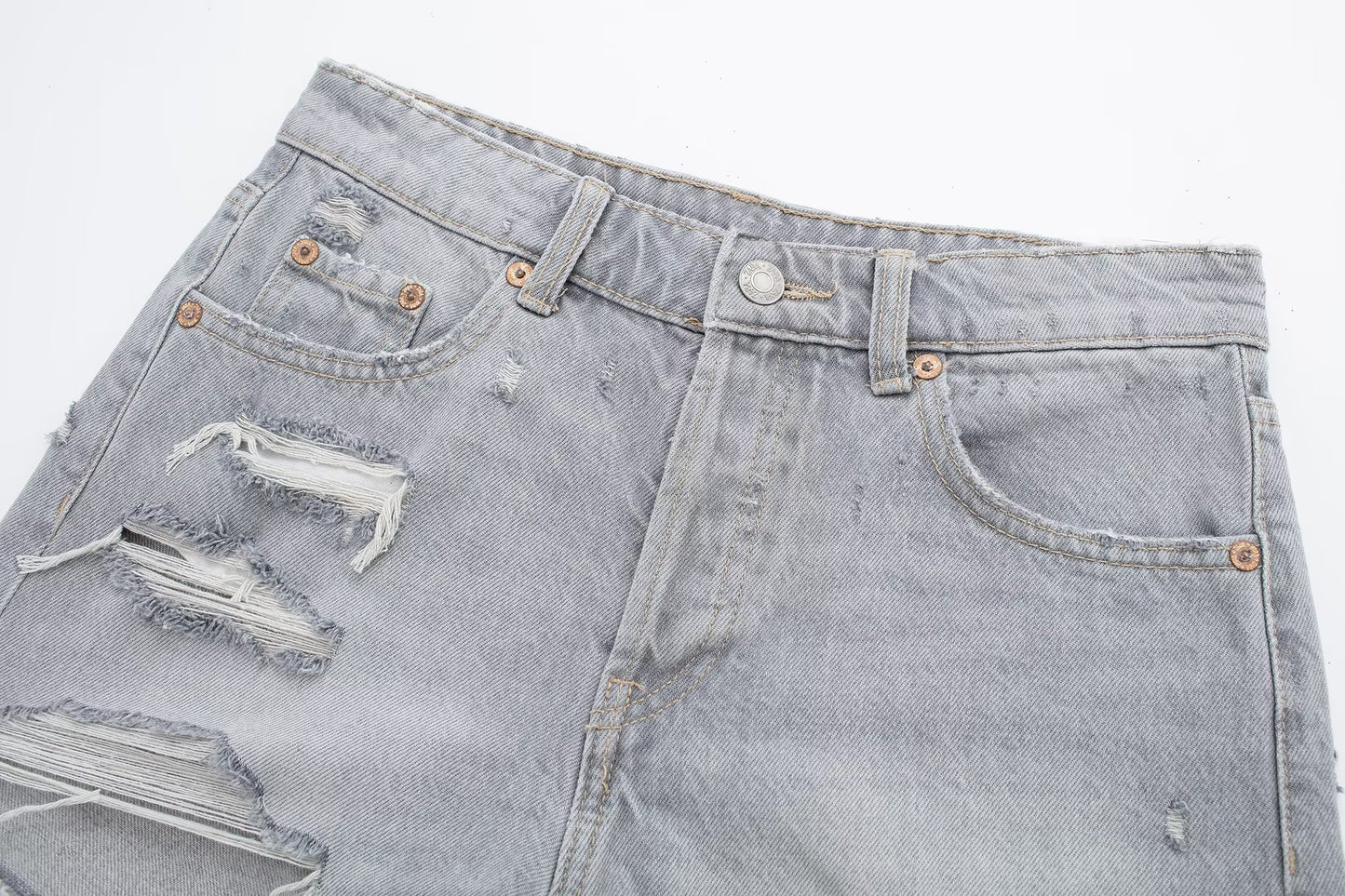 Grey Distressed High Waisted Denim Shorts