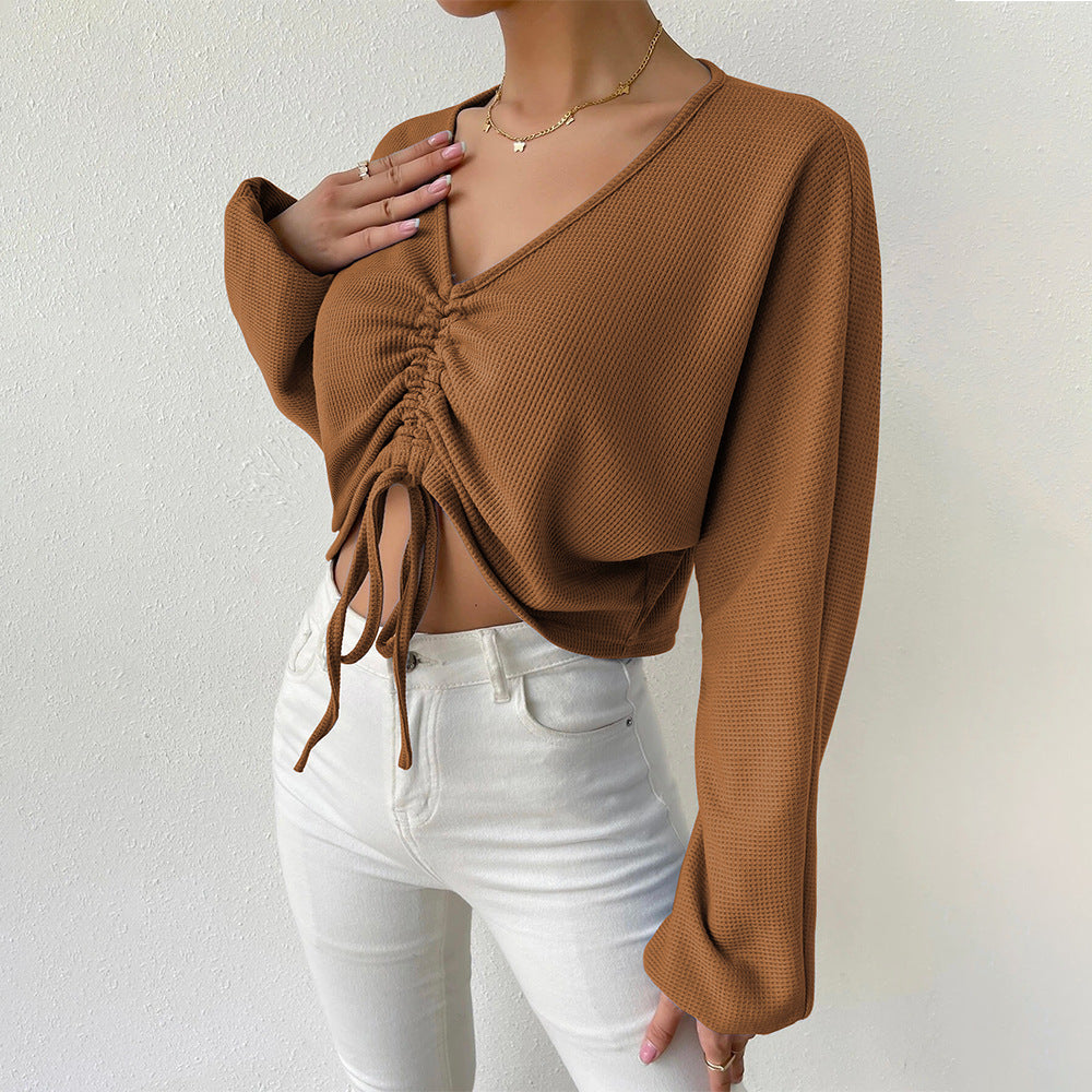 Loose Casual V-neck Drawstring Top