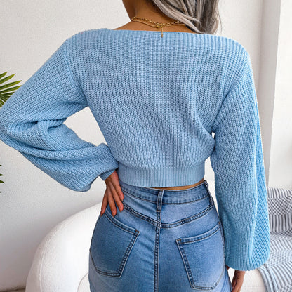 Bowknot V neck Lantern Sleeve Cropped Sweater