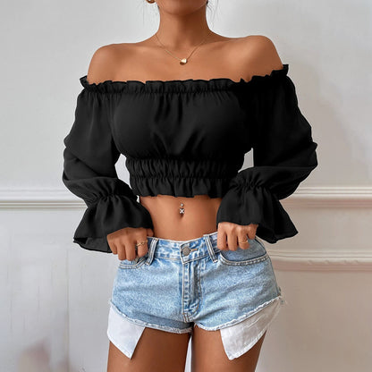 Black Ruffled Long Puff Sleeve Top