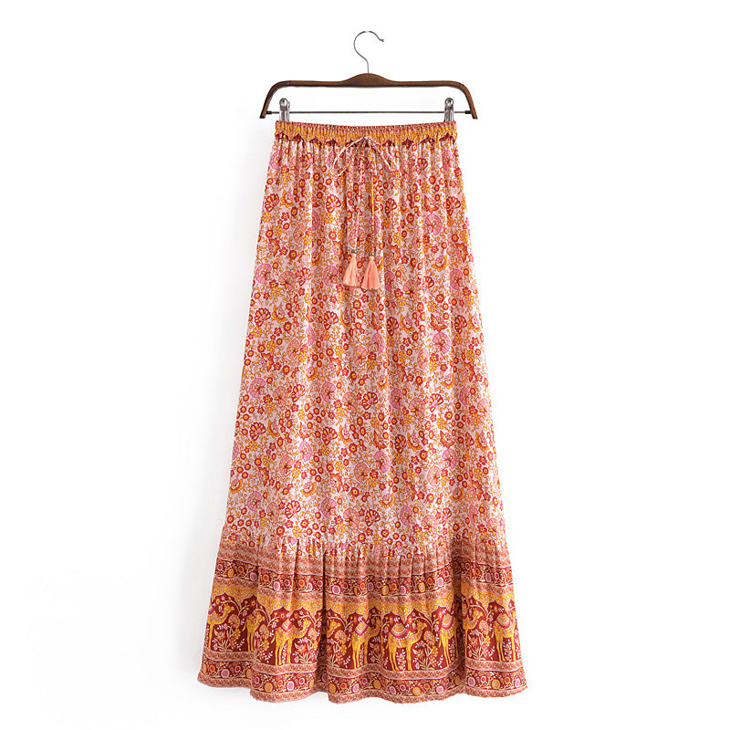 Bohemian Printed Long Skirt With Tassel Detailing