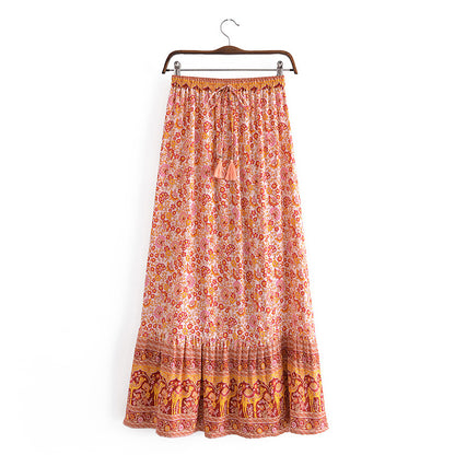 Bohemian Printed Long Skirt With Tassel Detailing