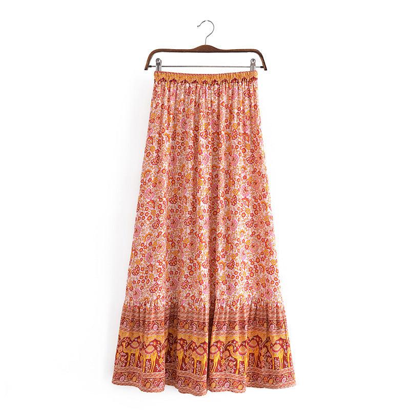 Bohemian Printed Long Skirt With Tassel Detailing