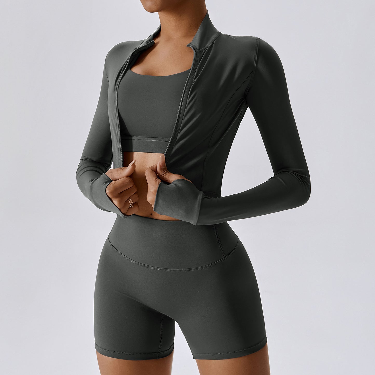 Three Piece Fitness Set With Top, Jacket, & Shorts or Leggings