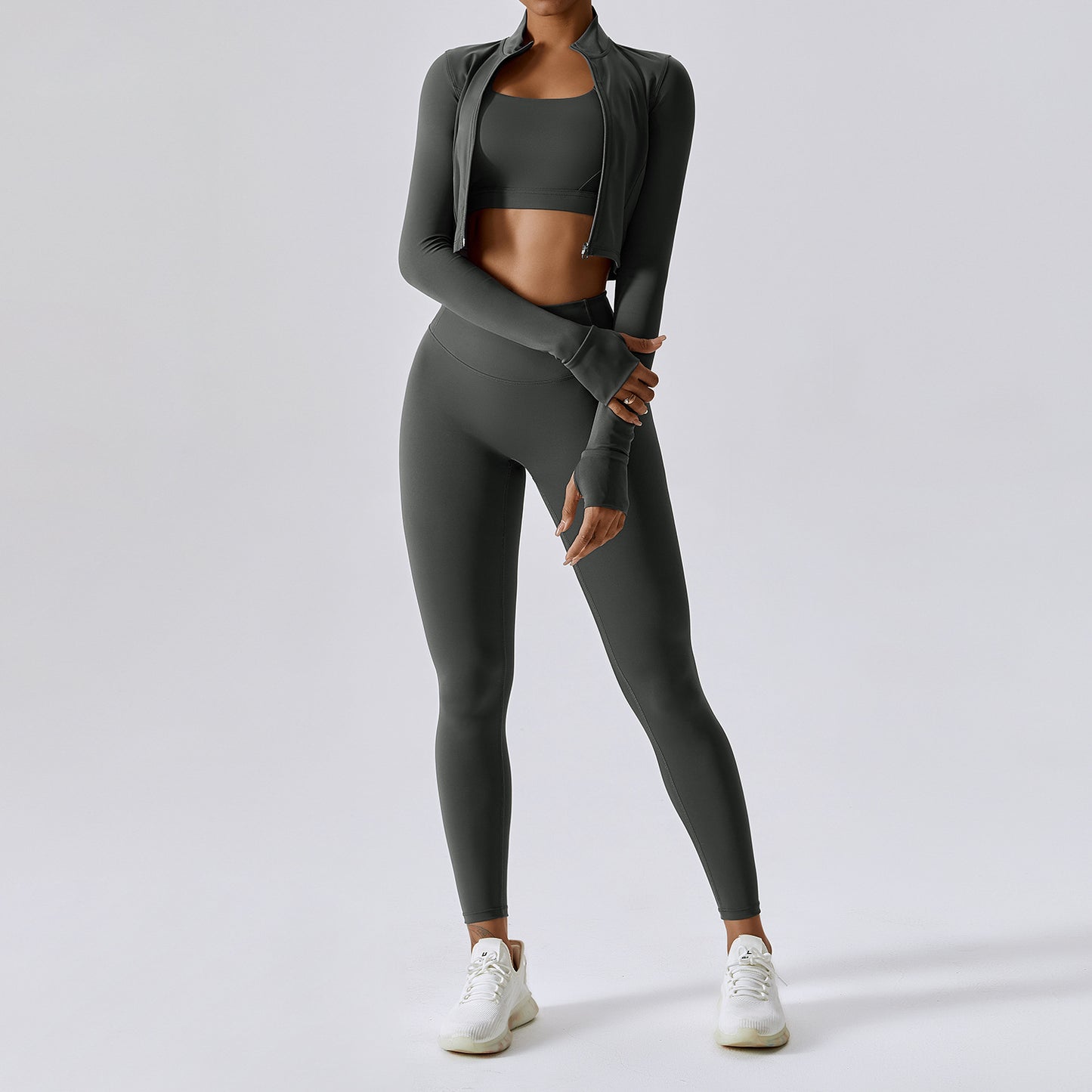 Three Piece Fitness Set With Top, Jacket, & Shorts or Leggings