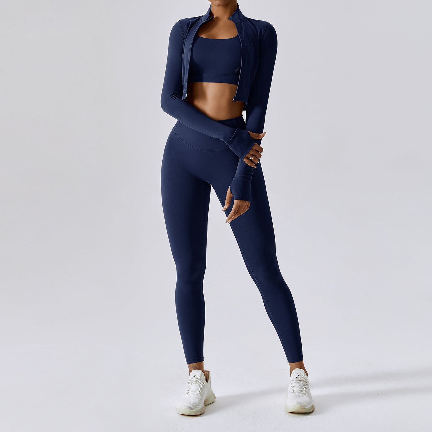 Three Piece Fitness Set With Top, Jacket, & Shorts or Leggings