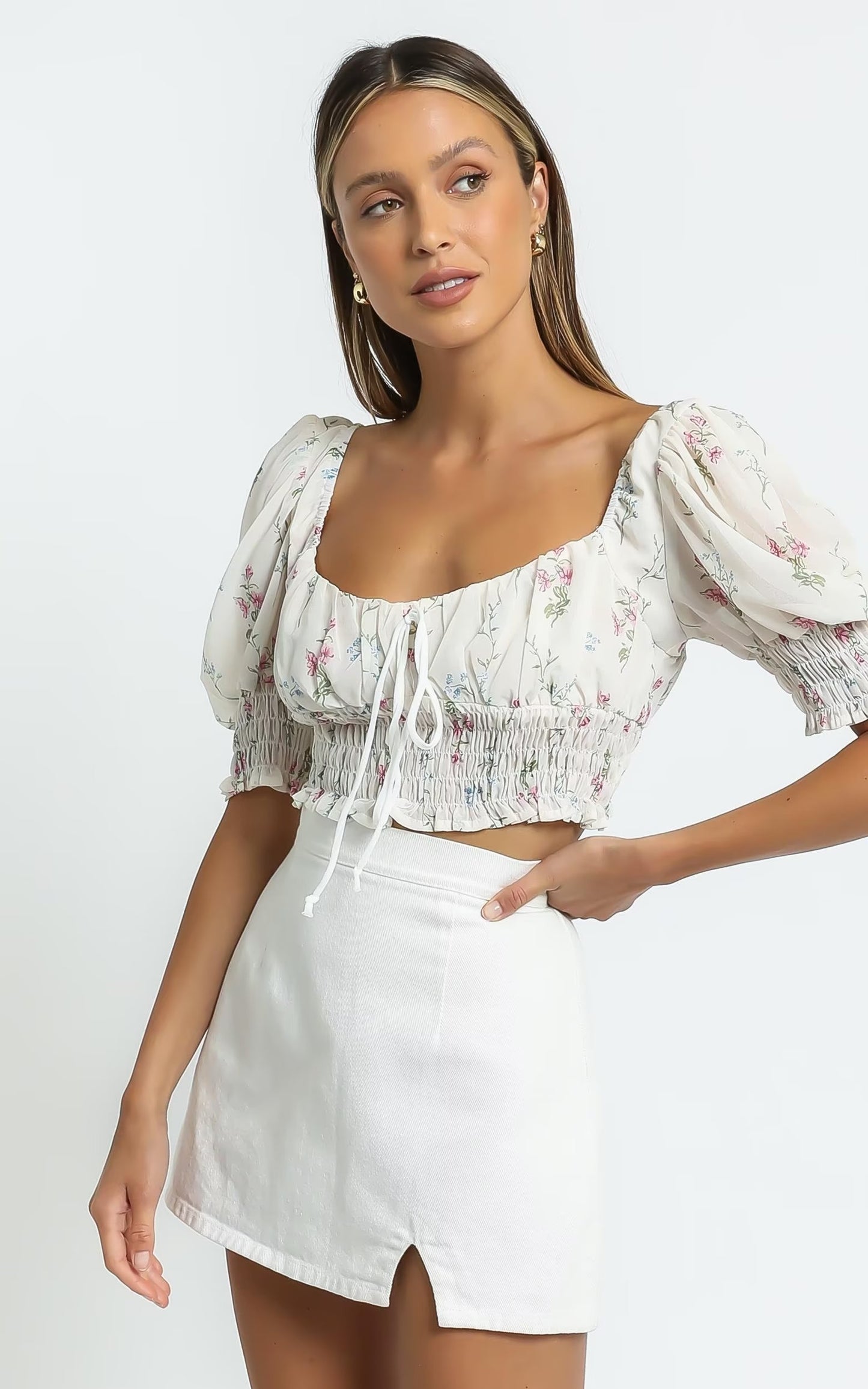 Puff Sleeve Floral Printed Cropped Top