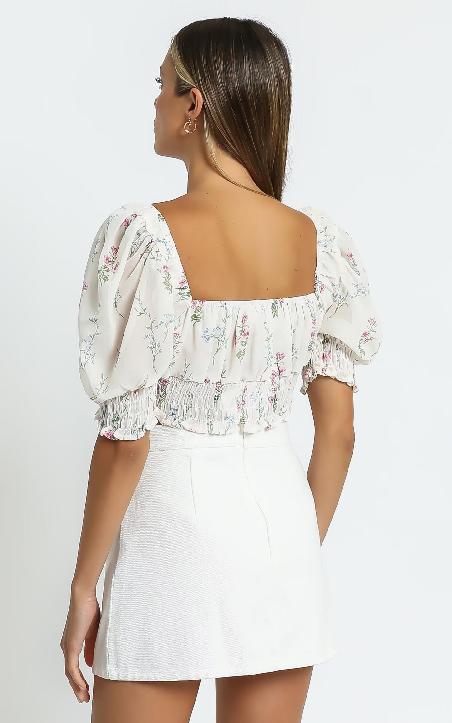 Puff Sleeve Floral Printed Cropped Top