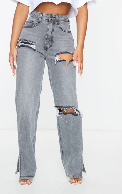 High Waist Sand Gray Straight-Leg Denim Jeans