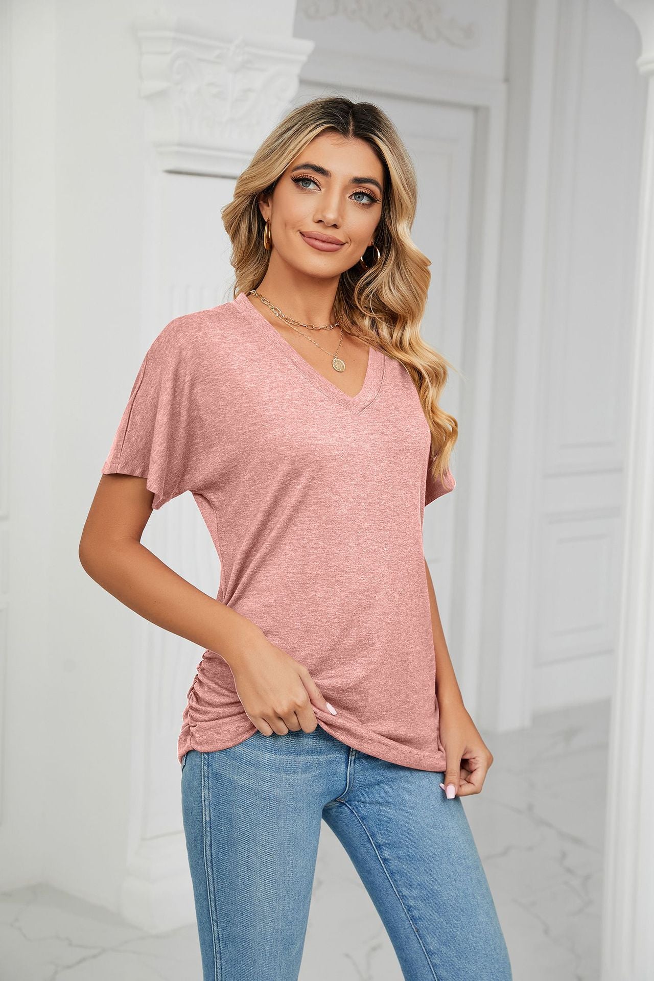 Casual V Neck Solid Color Loose Top