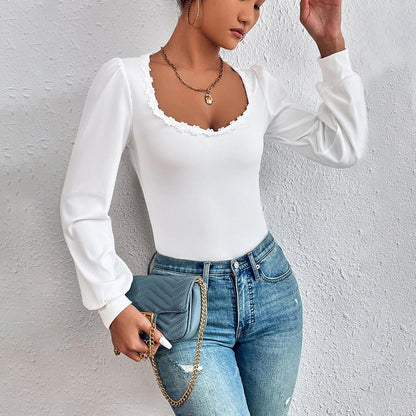 V neck Puff Sleeve Slim Fit French Top