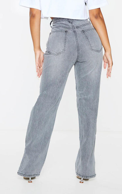 High Waist Sand Gray Straight-Leg Denim Jeans