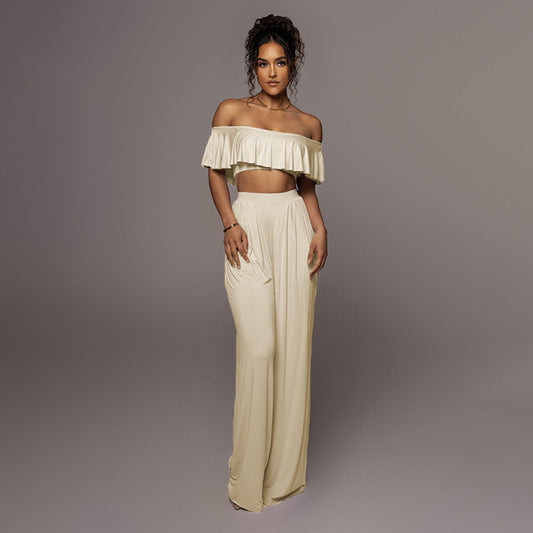 Casual Off Shoulder Crop Top & Long High Waisted Pants