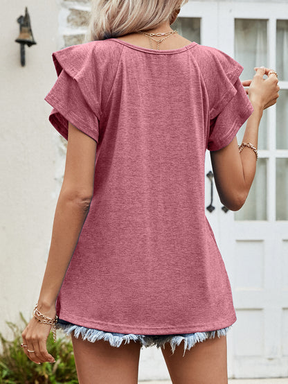 V Neck Ruffled Short Sleeve Top