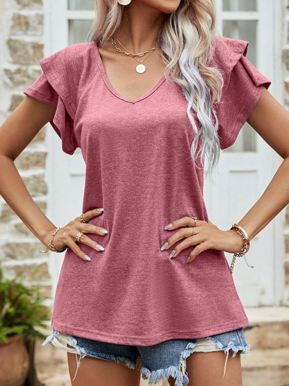 V Neck Ruffled Short Sleeve Top