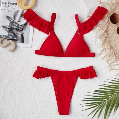 Red Ruffled Bikini Set With Cheeky Bottoms