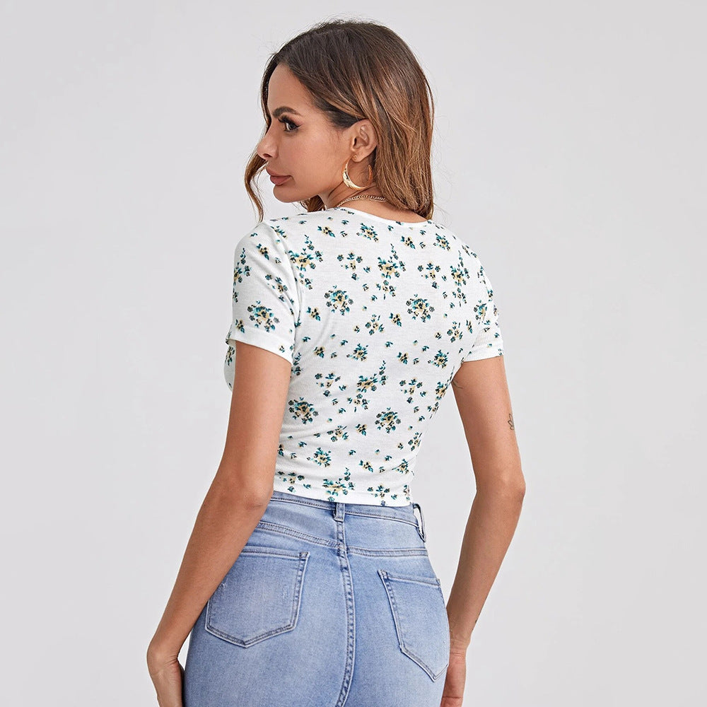 Petite Floral Short Sleeve Drawstring Top