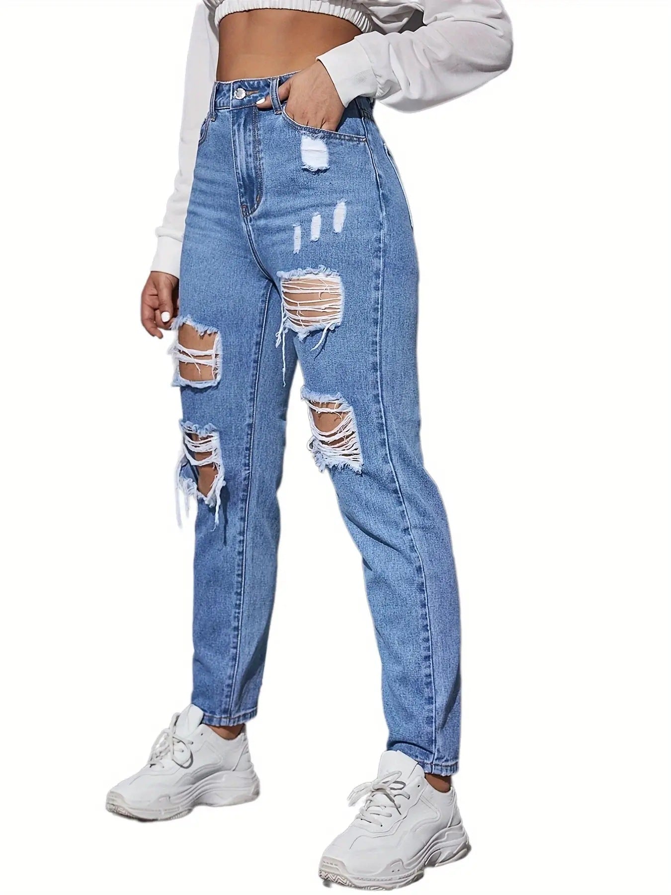 Ripped High Waisted Denim Jeans