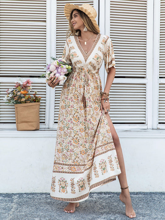 Long Boho Printed Short Sleeve V Neck Dress With Slit