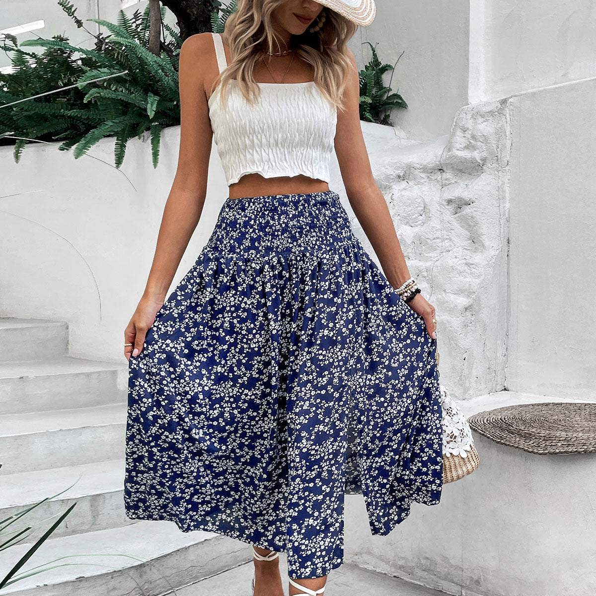 Blue High Waisted Skirt With Slit