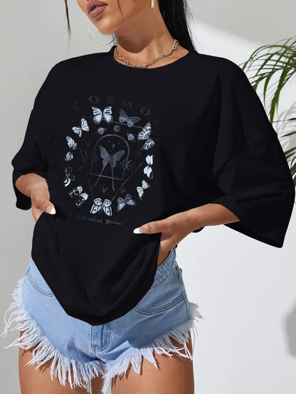 Black Butterfly Print Short Sleeve Tee