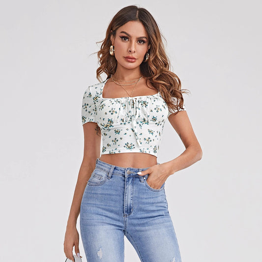 Petite Floral Short Sleeve Drawstring Top