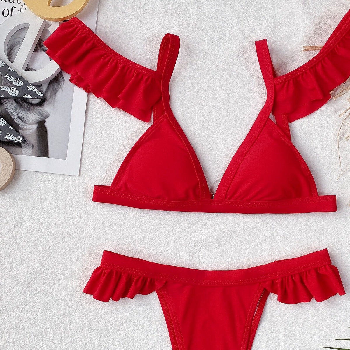 Red Ruffled Bikini Set With Cheeky Bottoms