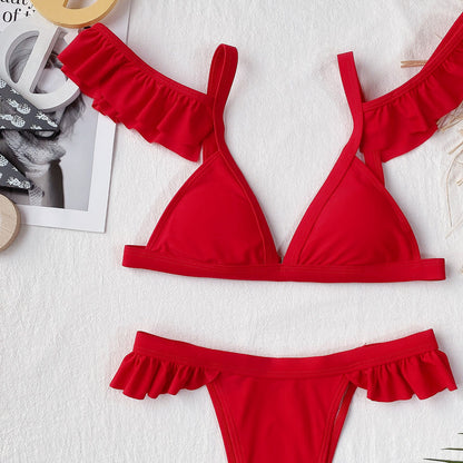 Red Ruffled Bikini Set With Cheeky Bottoms