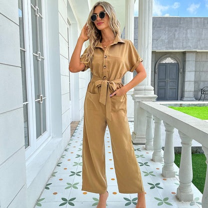 Button Up Jumpsuit With Front Tie