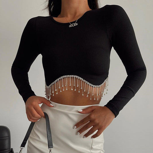 Long Sleeve Rhinestones Tassels Slim Fit Cropped Top