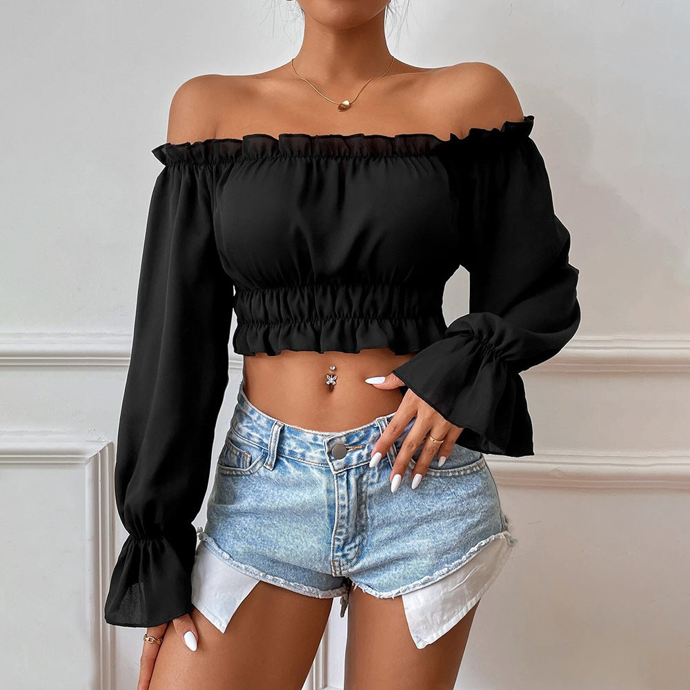 Black Ruffled Long Puff Sleeve Top