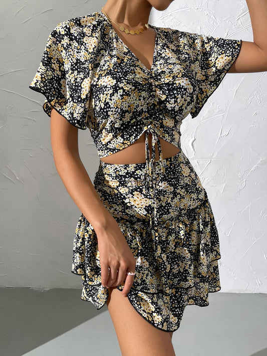 Floral Printed Short Sleeve Cropped Top & Ruffled Skirt