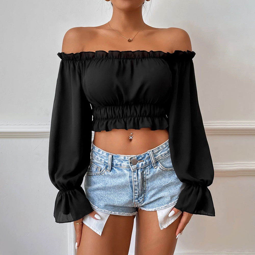 Black Ruffled Long Puff Sleeve Top