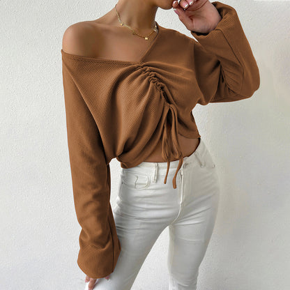 Loose Casual V-neck Drawstring Top