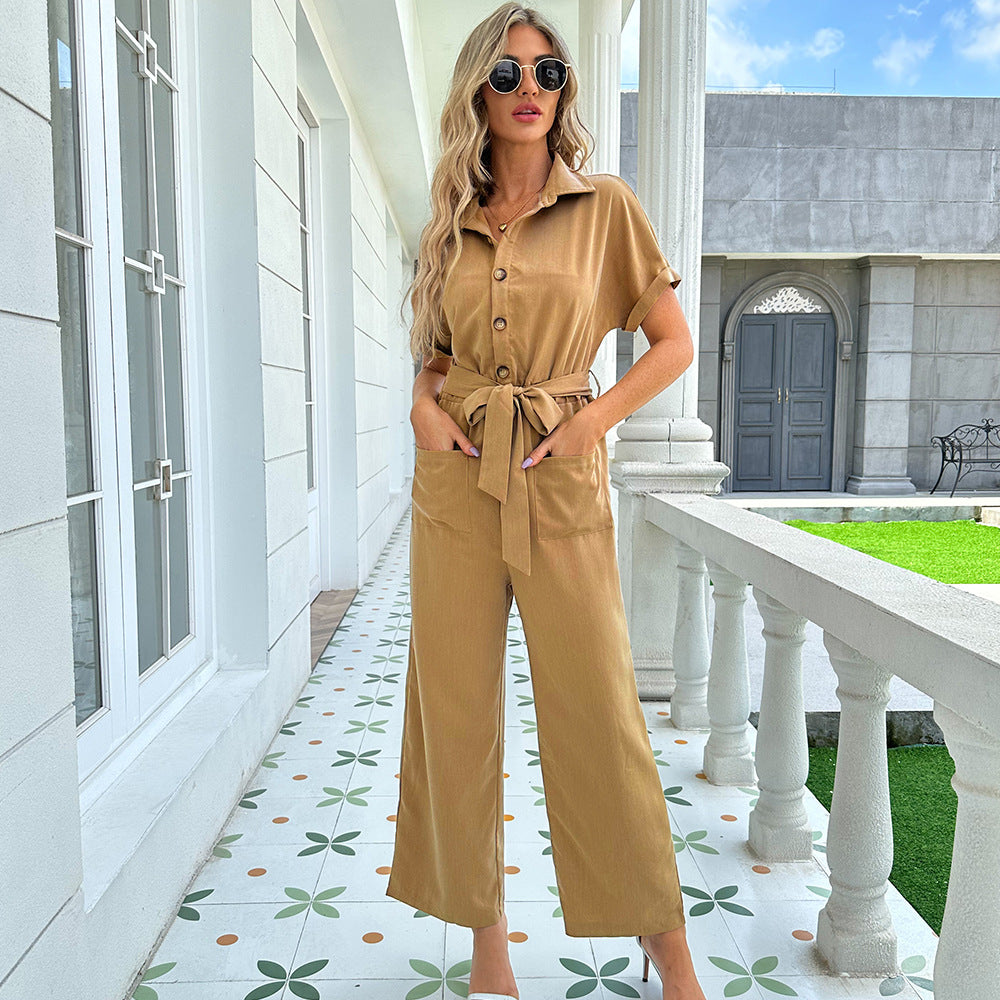 Button Up Jumpsuit With Front Tie