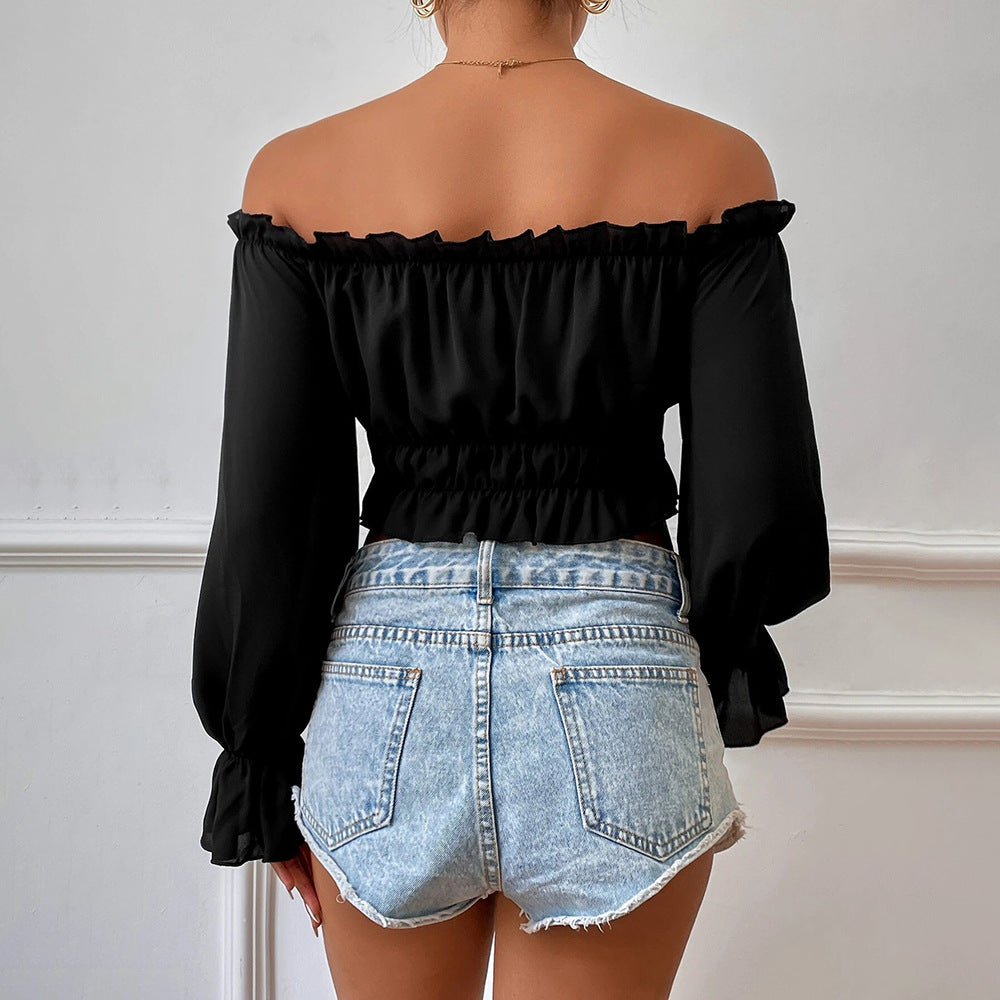 Black Ruffled Long Puff Sleeve Top