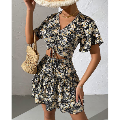 Floral Printed Short Sleeve Cropped Top & Ruffled Skirt