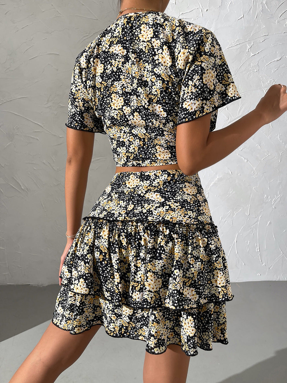 Floral Printed Short Sleeve Cropped Top & Ruffled Skirt